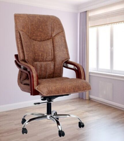 Leather High Back Executive Chair With Wooden Armrest